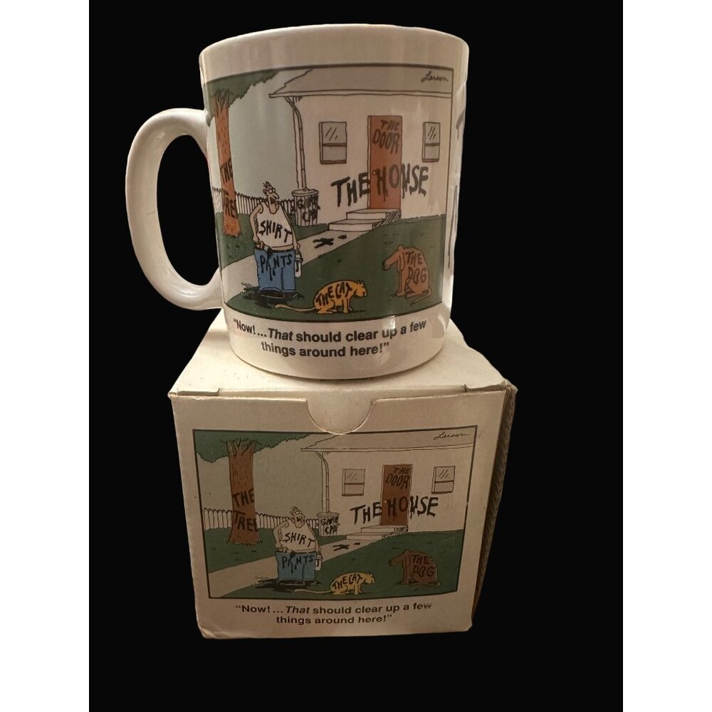 The Far Side "The Mug" Gary Larson Oz 1987 Coffee Mug + ‎ Box the house cat dog